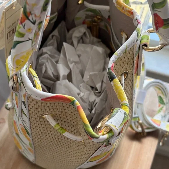 Italina Lemon Print Straw Bucket Tote - White & Yellow - Picture 4 of 4